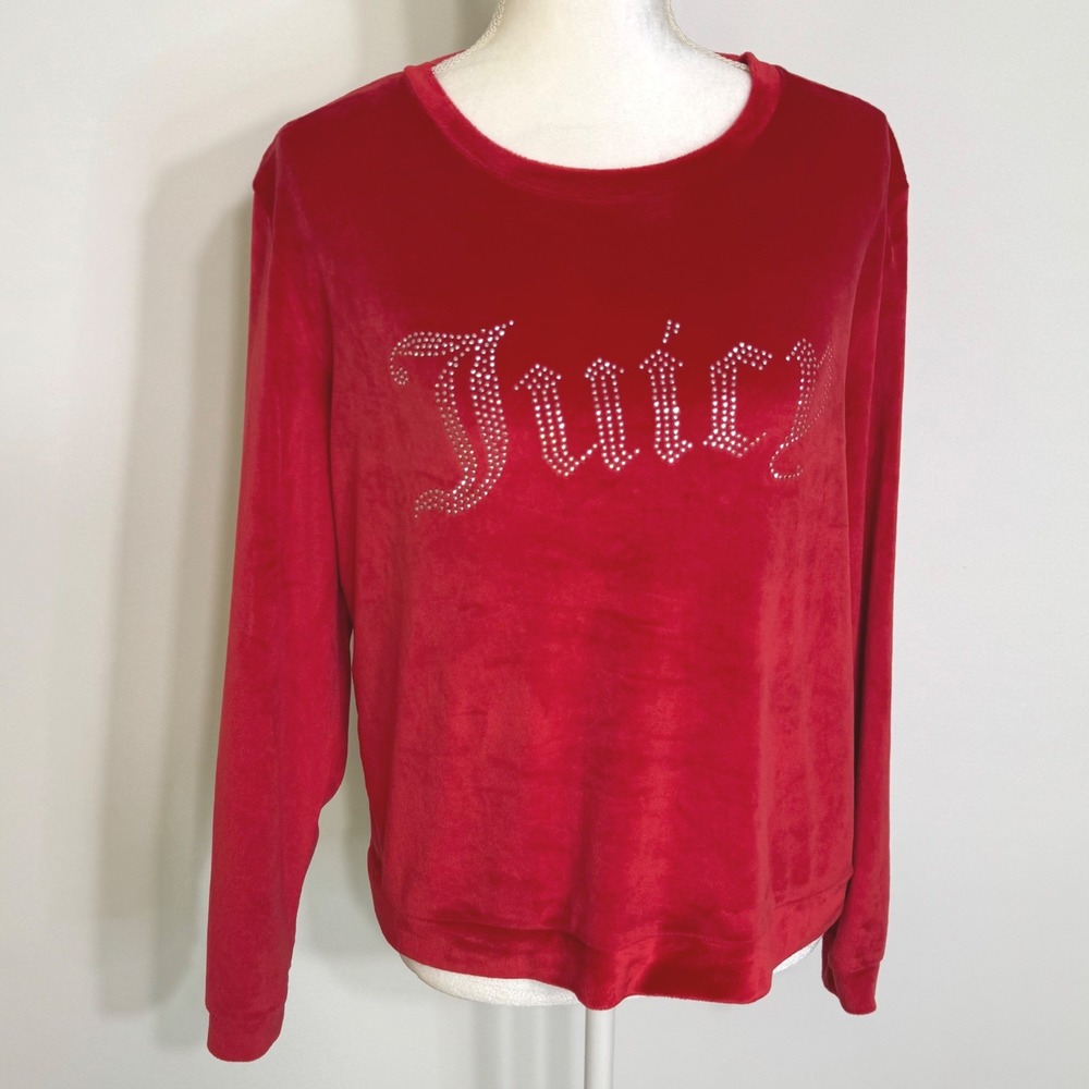 Juicy Couture Red Velour Rhinestone Logo crewneck Top Womens Size Medium